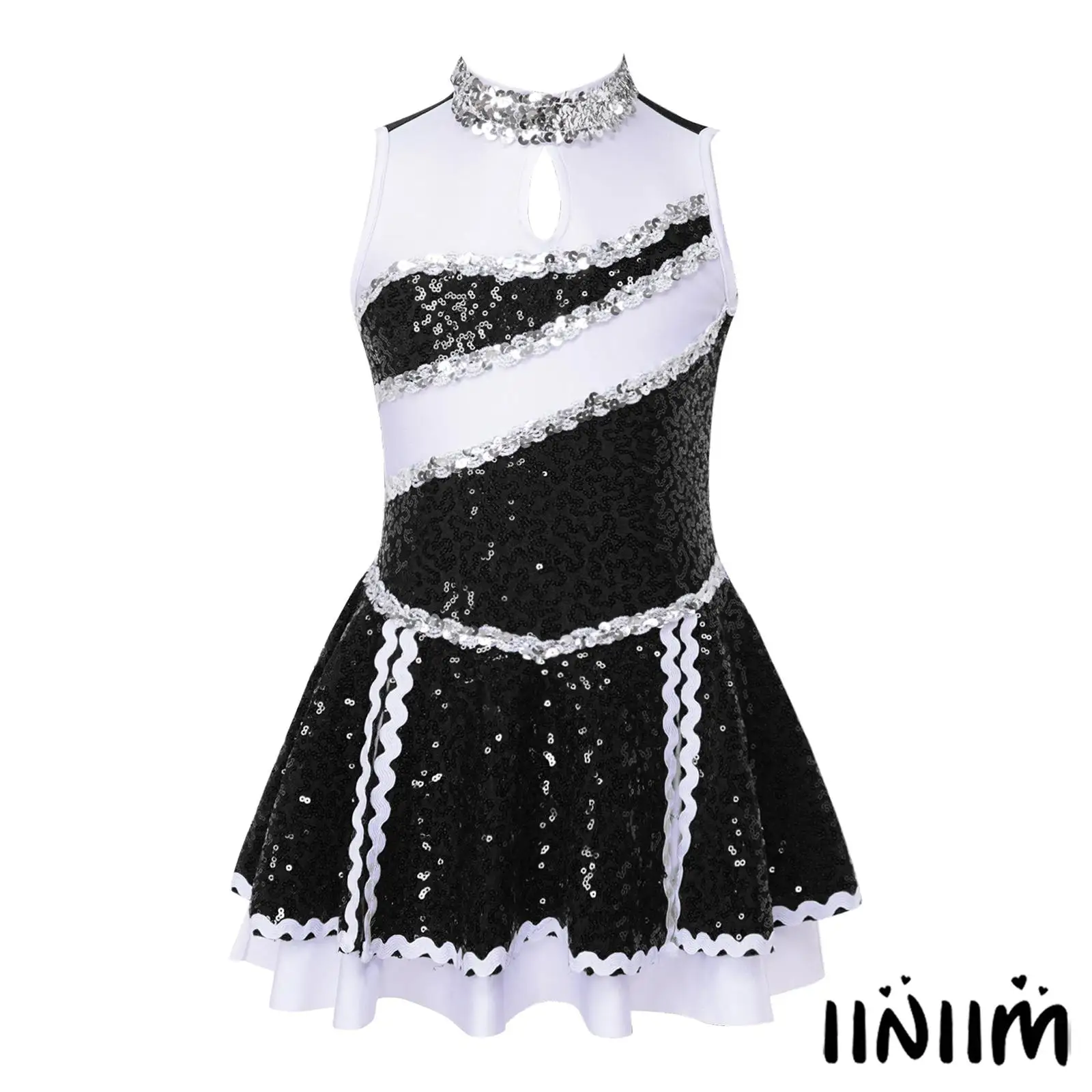 女の子のチアリーディング競技用ドレス 光沢のあるスパンコールのコントラストカラーデザイン、内側に安全パンツが付いており、体操ダンスショーに最適です