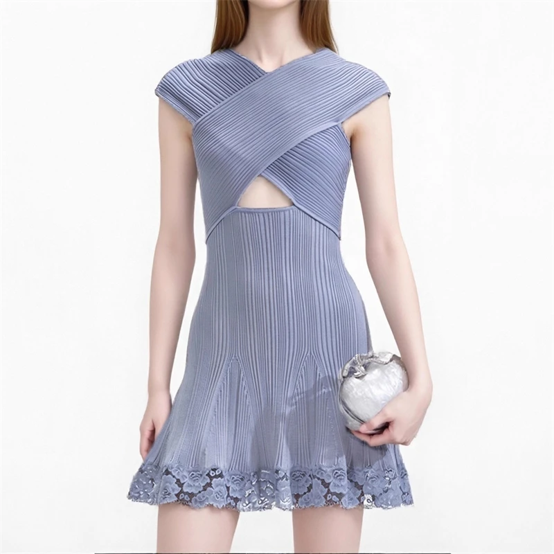 

2023 летнее новое женское облегающее платье без рукавов с v-образным вырезом и кружевной отделкой Y2K, модная повседневная мини-юбка высокого качества с вырезами XL