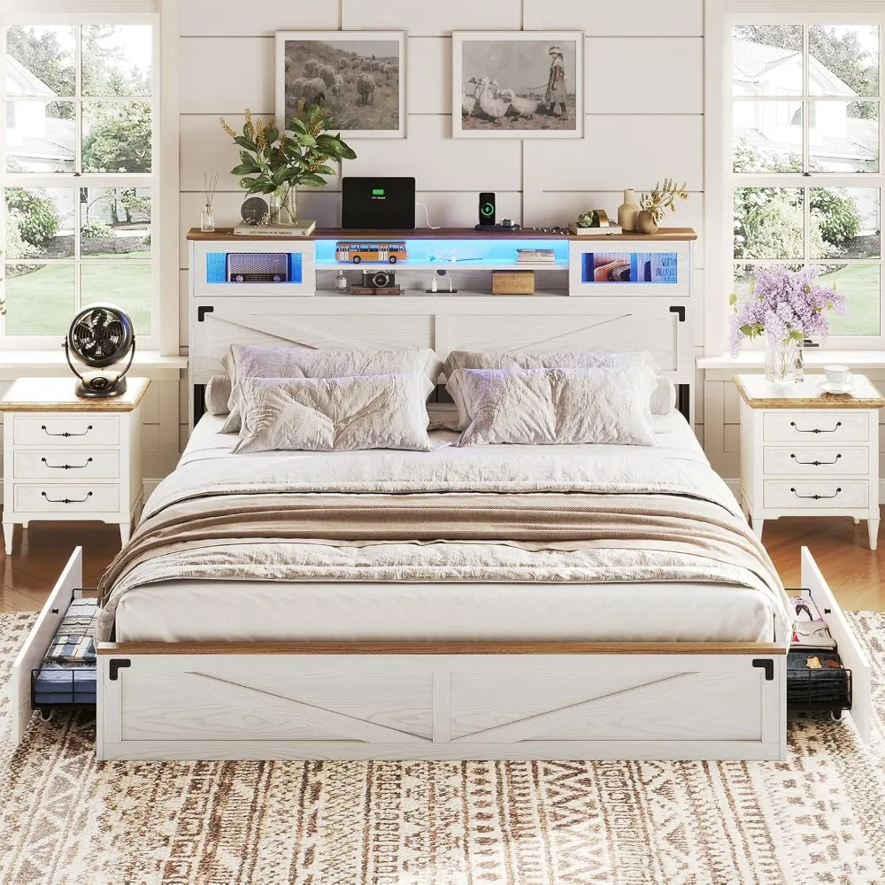 Bed Frame King Size with Bookcase Headboard and 2 Drawers, Wooden Platform King Bed with LED Lights and Charging Station