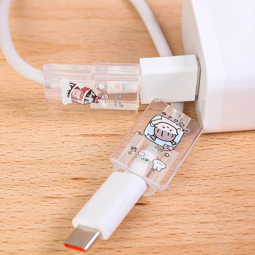 Cartoon Transparent Fixed Clip For Apple iPhone Charging Cable Winder Soft TPU Protective Cover USB Cord Protector Holder Clips