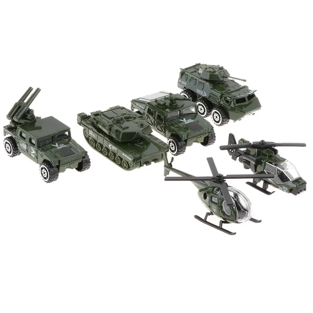 6Pcs Diecast Car Tank Helicopter Model Playset Kids Boys Toy