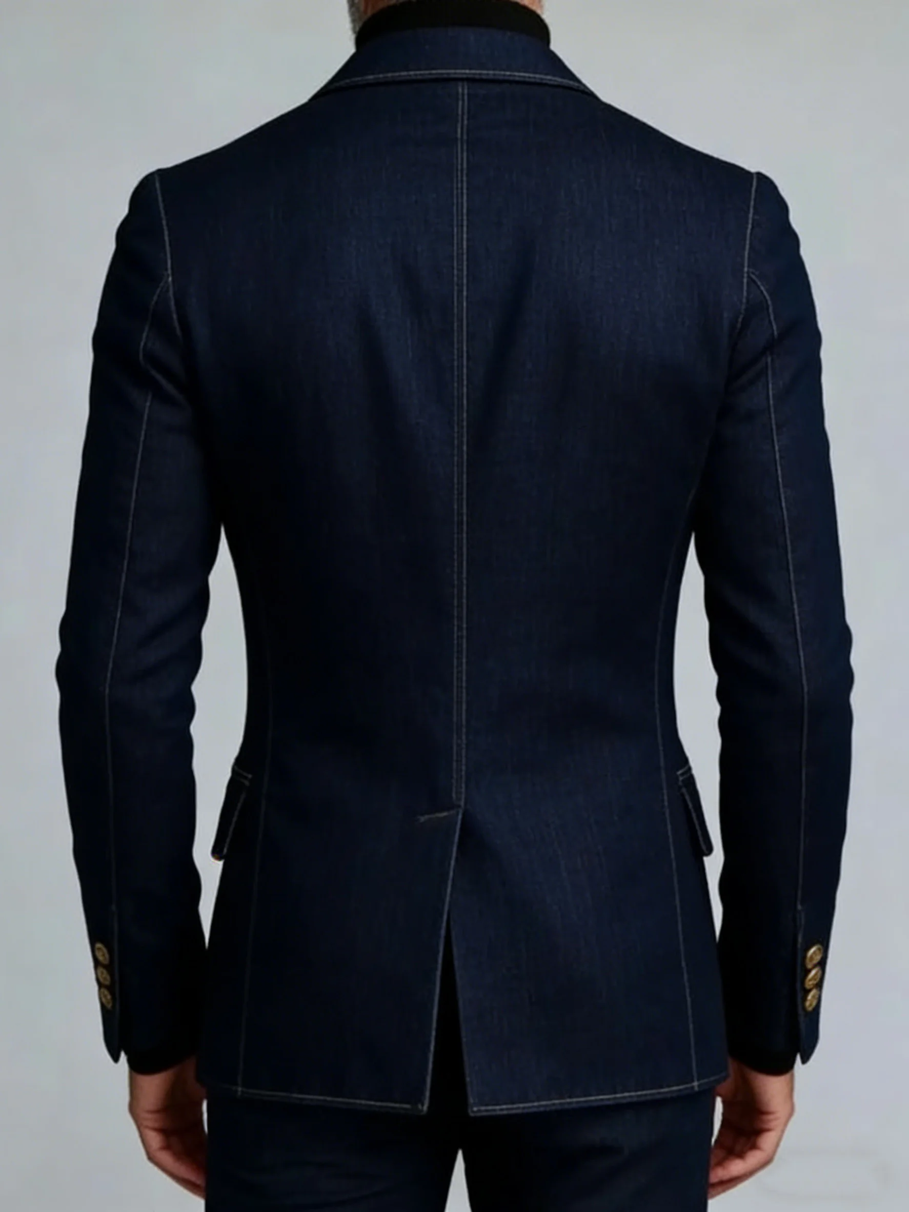 Retro Men's Suits Denim Blazer Luxury Double Breasted Peak Lapel Slim Fit Jacket Business Casual Sport Coat with Gold Buttons