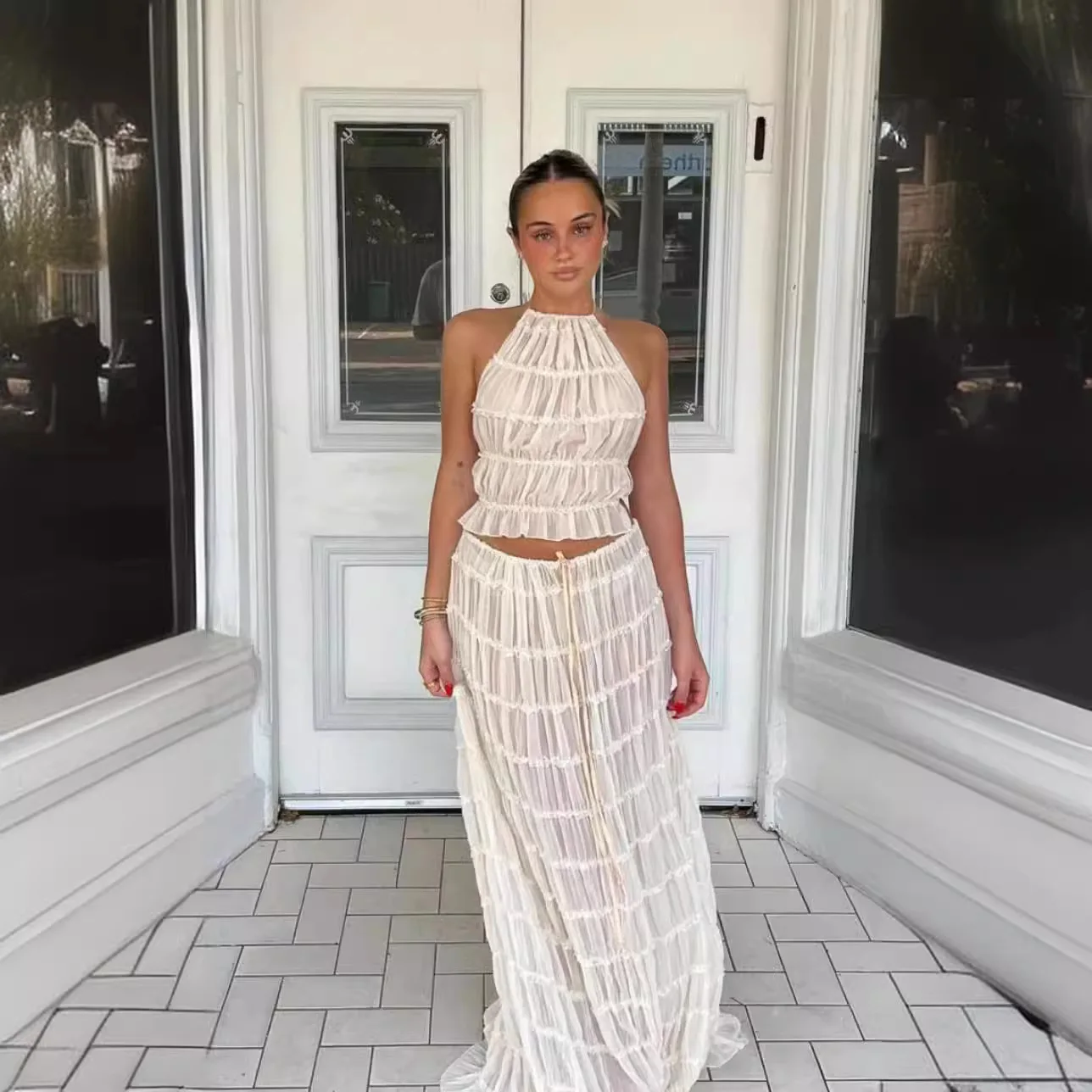 

Women Boho Sexy Backless Matching Suit 2 Piece Beach Holiday Outfits Vintage Ruched Halter Cami Tops + Maxi Long Skirt Party