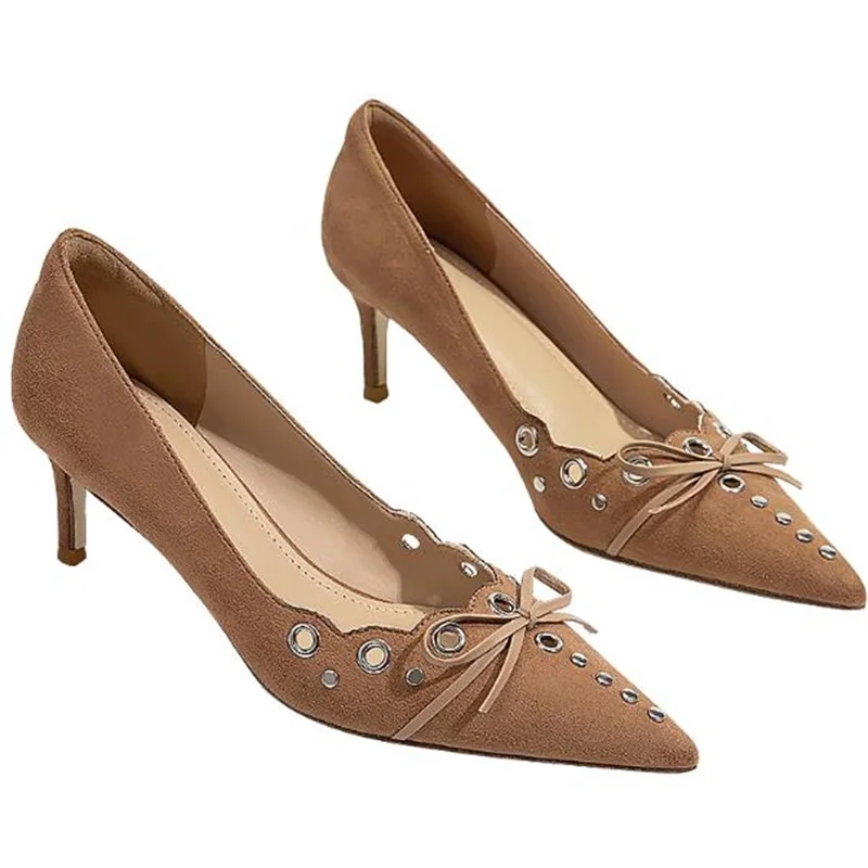 

Rivets Shoes for Women Pointed Toes Ladies Butterfly-knot Chassure Femme High Heels Beige Zapatos Designer Pumps Shallow Tacones