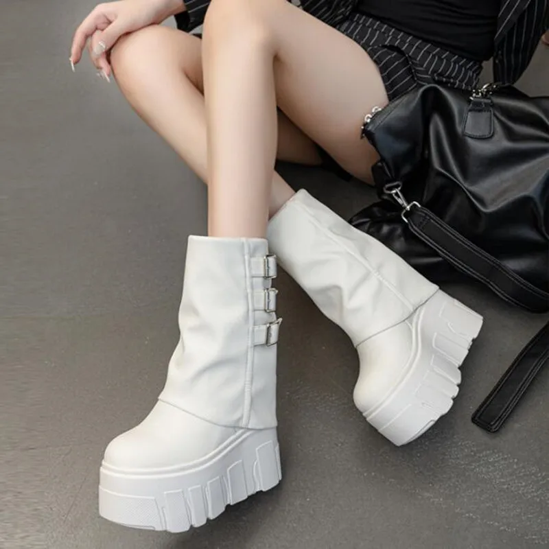 

14CM 2026 Autumn Winter Short Boots For Ladies Height Increasing Heel Shoes Street Series Fashioable Women's Shoes Folding Boots