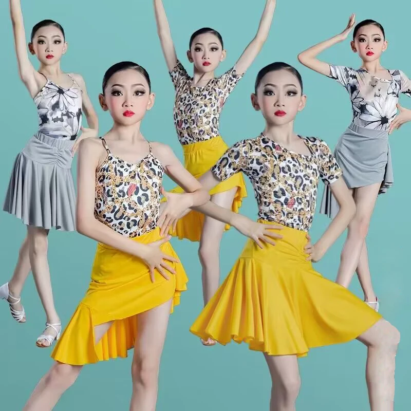 2024 New Kids Latin Dance Dress for Competition Girls Leopard Cha-cha Tanggo Ballroom Dancing Dresses Sexy Salsa Dancewear