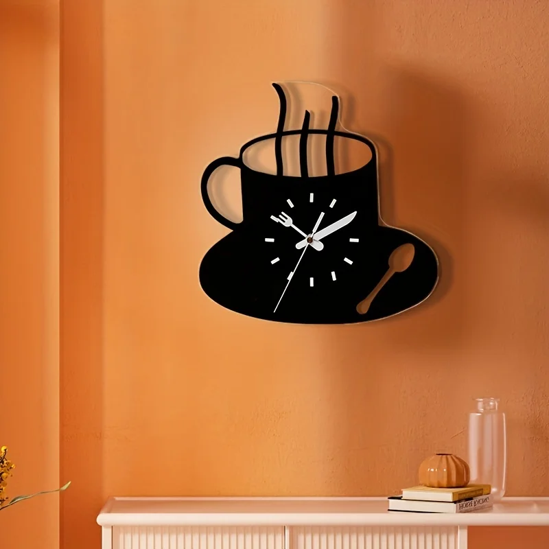 1Pc Kitchen 3D Modern Acrylic Creative Frameless Design Silent Clock Wall Art Coffee Cup Style Clock, Home Decoration, Autumn