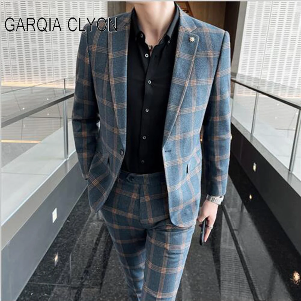 Setelan pakaian pria 3 potong, Blazer + rompi + celana kotak-kotak Slim Fit santai kualitas tinggi tuksedo pernikahan pesta Prom pria