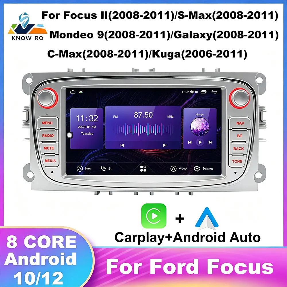 KNOWRO 2 DIN Car Android 12 Carplay Radio Multimedia Player For Ford Focus S-Max Mondeo  Galaxy C-Max GPS Navigation Bluetooth