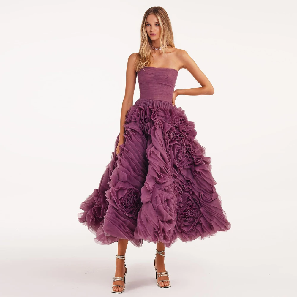 STEVDITG Luxury 3D Flower Purple Short Evening Dresses for Women Wedding Party 2024 Elegant Pink Midi Formal Prom Gowns