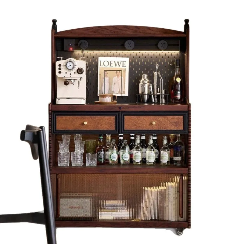 French retro style solid wood movable dining side cabinet, living room storage against the wall tea coffee cabinet