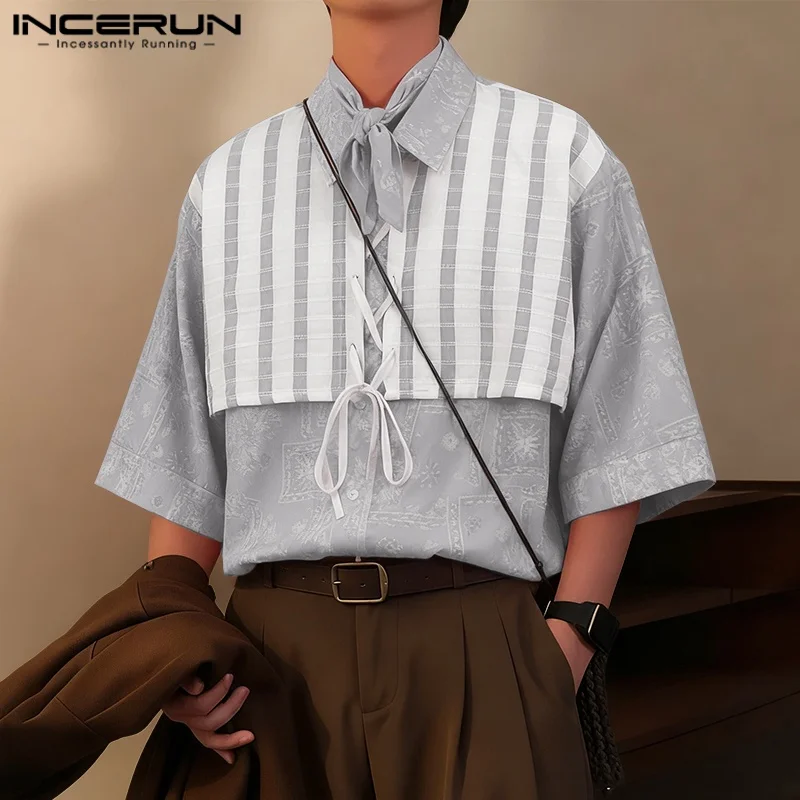 INCERUN Herrenhemd mit Druck, Spitzen-Patchwork, Revers, Halbarm, lockere Passform, koreanischer Stil, Streetwear, modische Freizeithemden für Herren