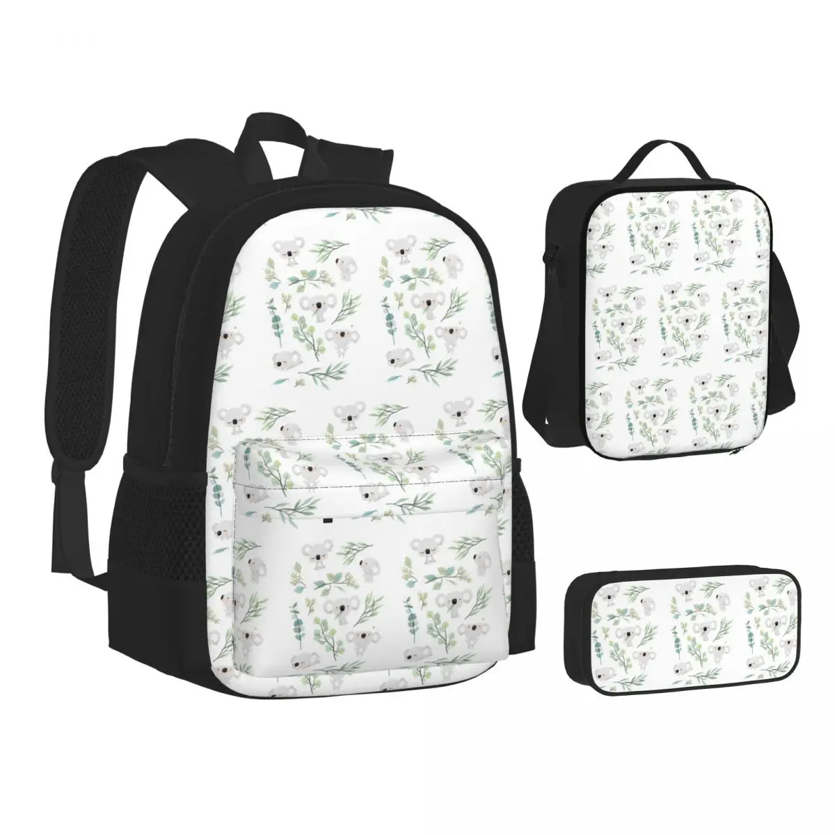Koala And Eucalyptus Pattern Backpacks Boys Girls Bookbag School Bags Children Rucksack Lunch Bag Pen Bag Three-Piece Set