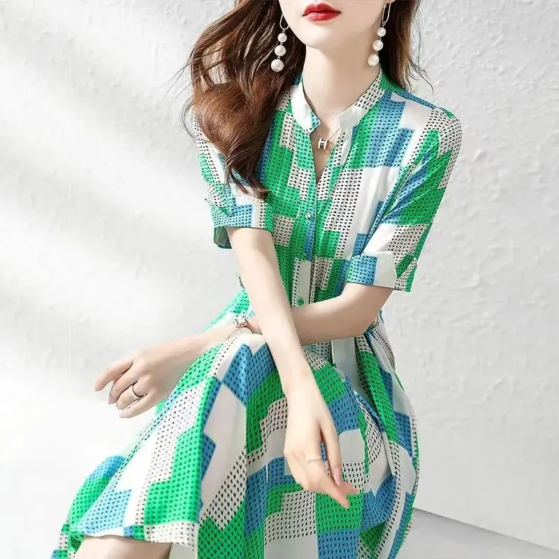 Vestido camisero a cuadros de moda para mujer Primavera Verano suelto manga corta gasa vestido largo por debajo de la rodilla verde rojo