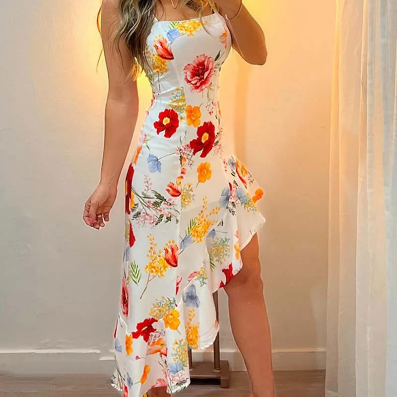 Dress Women Long Dresses Print Floral Slim Fit Sexy Sling Sleeveless Irregularity Ruffles Mid Length Vestidos Elegant Splice