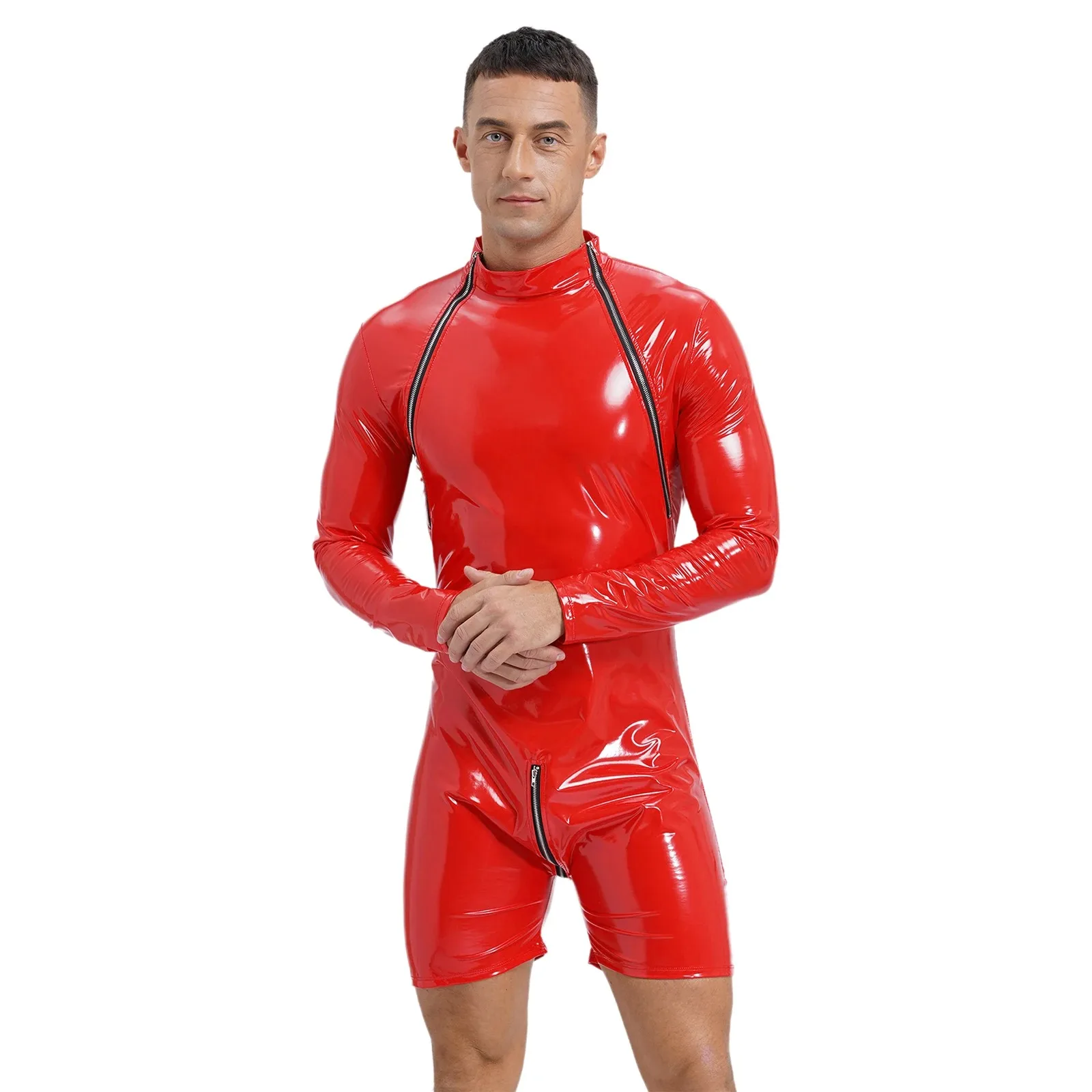 Mens Lingerie Zipper Crotch Long Sleeve Jumpsuit Wet Look Patent Leather Bodysuit Clubwear Pole Dance Performance Rave Costume