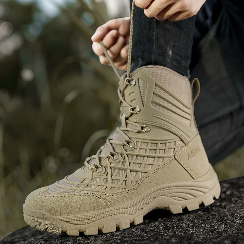 High Top Hiking Shoes Men Leather Waterproof Desert Combat Training Boots Anti-slip Tactical Boots Outdoor Men Motorcycle Boots