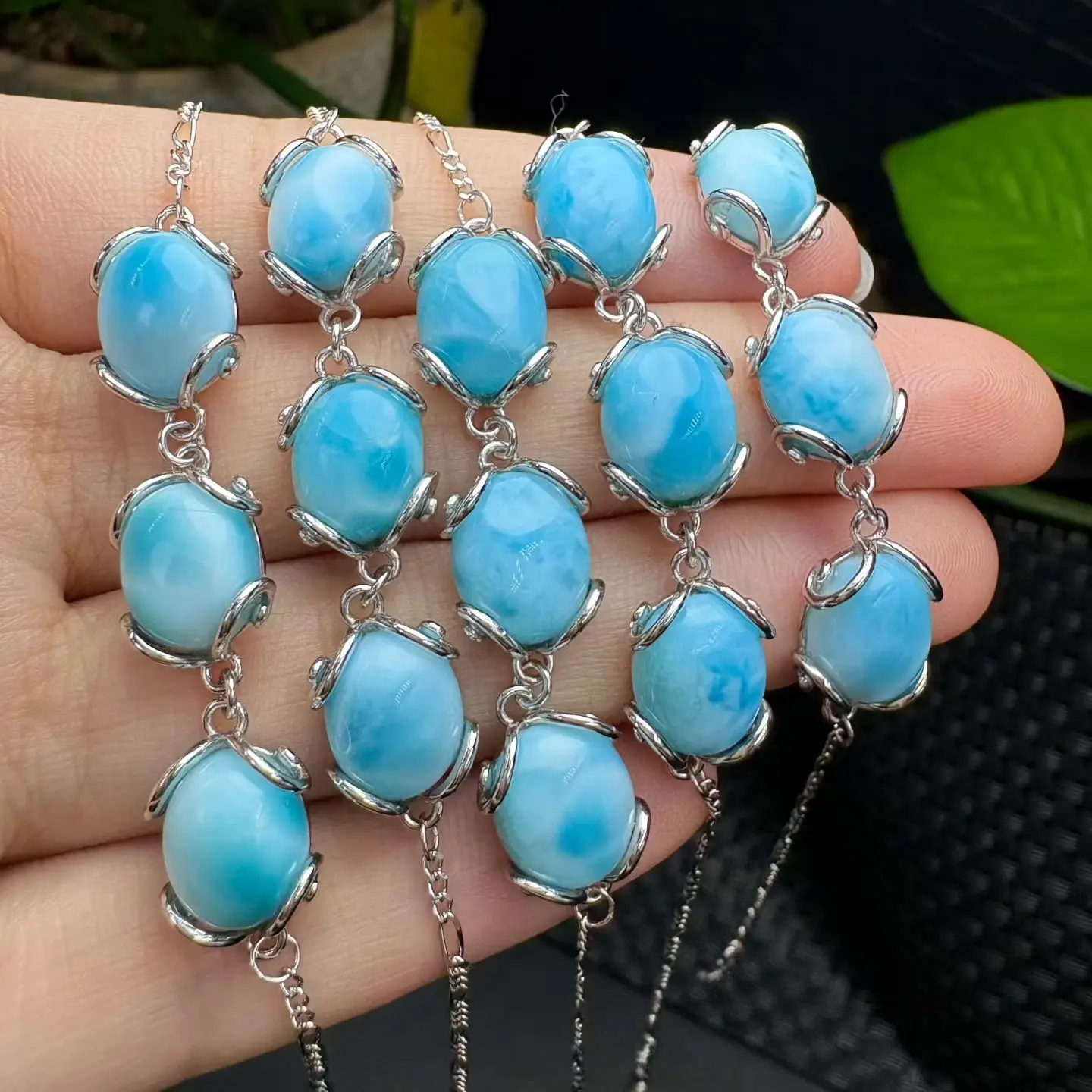 1Pc Fengbaowu Natural Dominican Republic Larimar Oval Cabochon Bracelet 11MM 925 Sterling Silver Reiki Healing Stone Gift