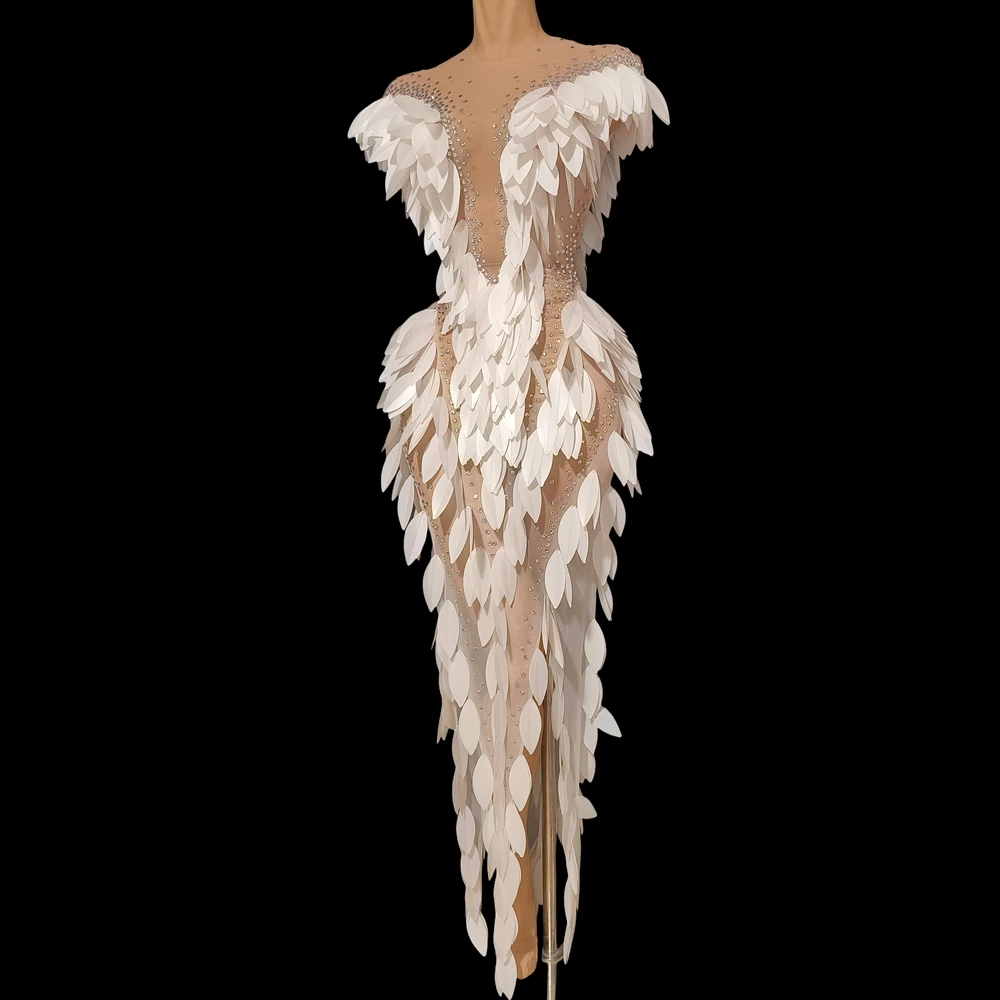 

Sparkly Stones White Plastic Feather Shape Long Dress for Women Sexy Transparent Birthday Celebrate Evening Photo Shoot Wear