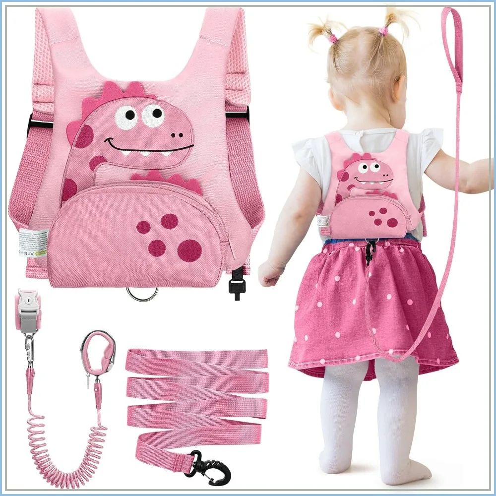 

3 in 1 Toddler Harness Leash + 8.2ft Anti Lost Wrist Link, Cute Dinosaur Kids Anti Lost Leash with Key Lock, Child Walking Harness for Parent Boys Girls Keep Kids Close, Travel Essentials