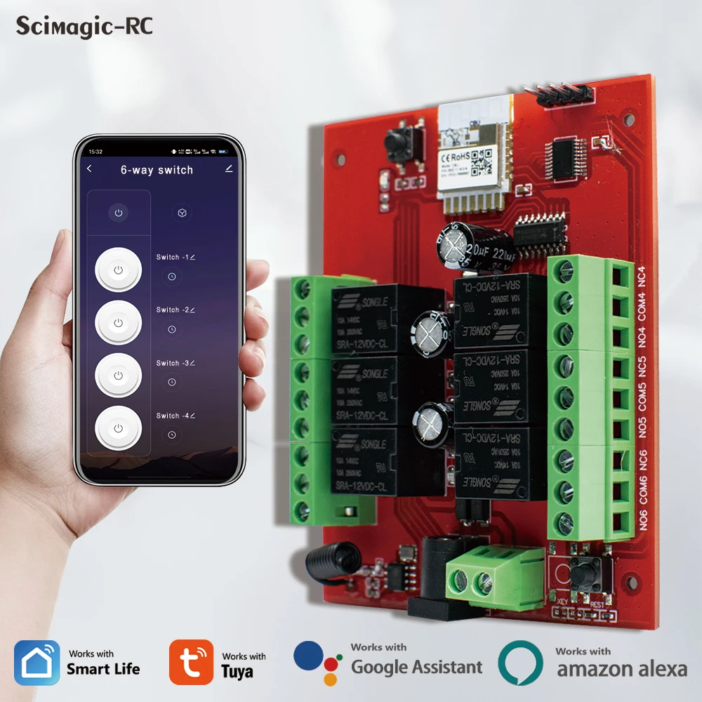 Tuya 6ch inteligente wifi interruptor sem fio dc 12v/24v luz de controle remoto 6 canais módulo relé receptor temporizador alexa smartlife app