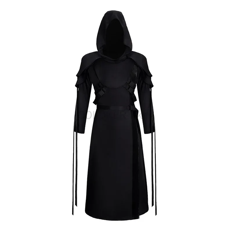 Halloween gótico preto com capuz robe vestido feminino masculino punk estilo escuro manga longa maxi vestido com alças cosplay festa outfit