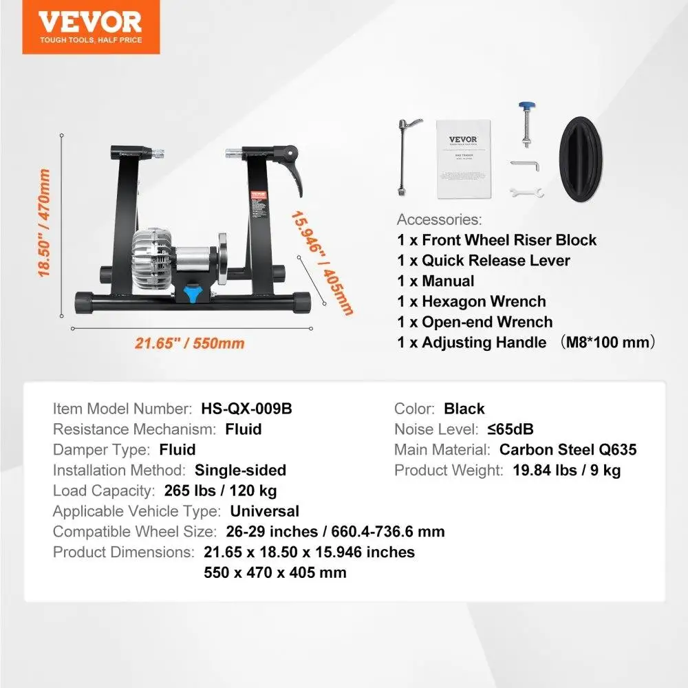 Portable Noise-Reducing Fluid Bike Trainer Stand for 26 -29 Inch Wheels - Quick-Release Lever & Front Wheel Riser