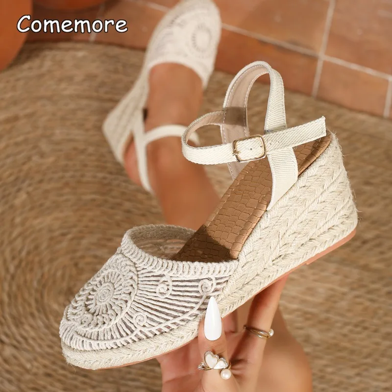 2026 Summer New Cover Toe Women's Mesh Platform Sandals Buckle Strap Espadrille Wedge Shoes Fashion Sandalias De Mujer Size 43