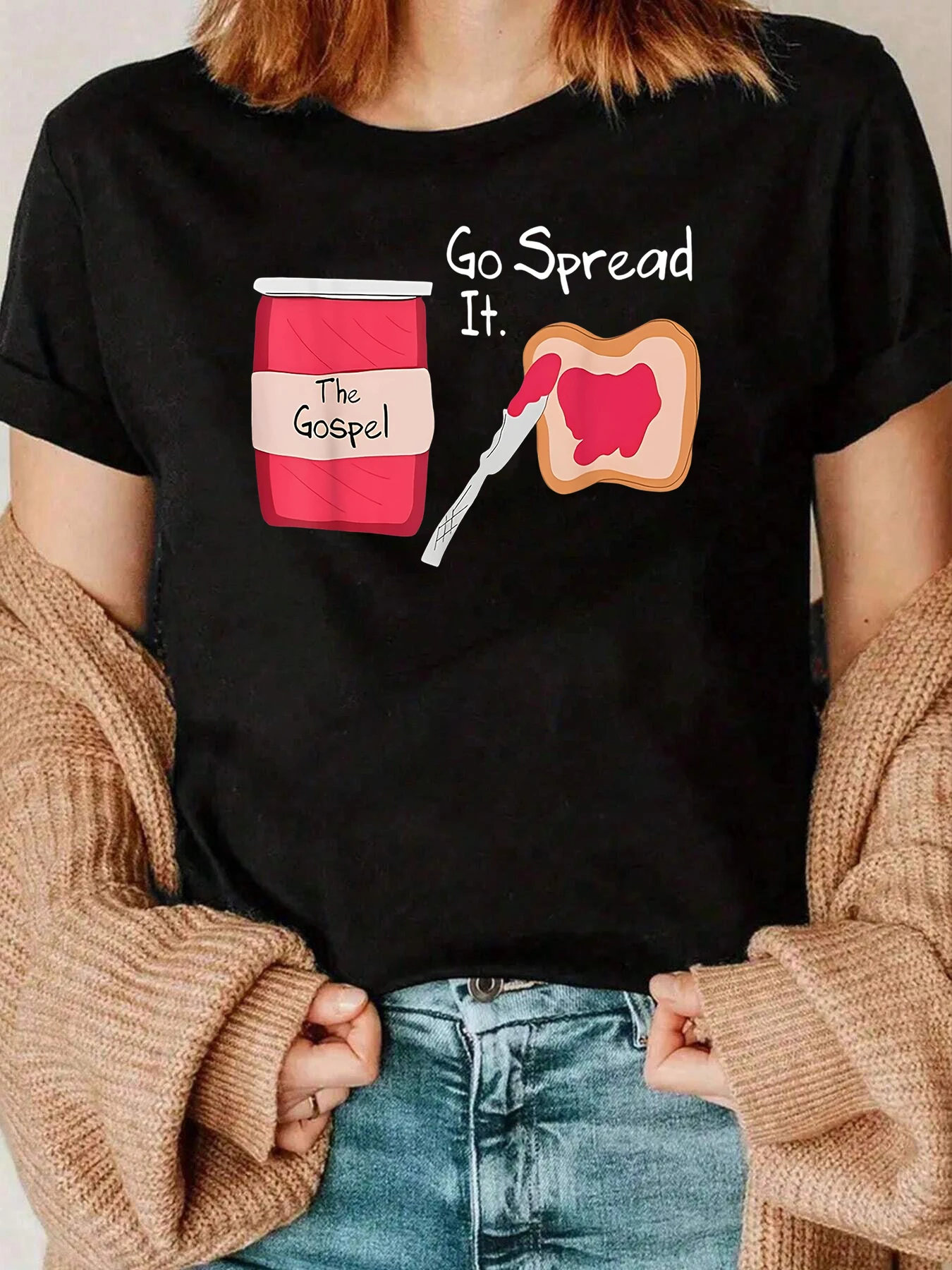 

Go Spread The Gospel Jar And Bread Print T Shirt Christian Faith Casual Wear For Women 220g