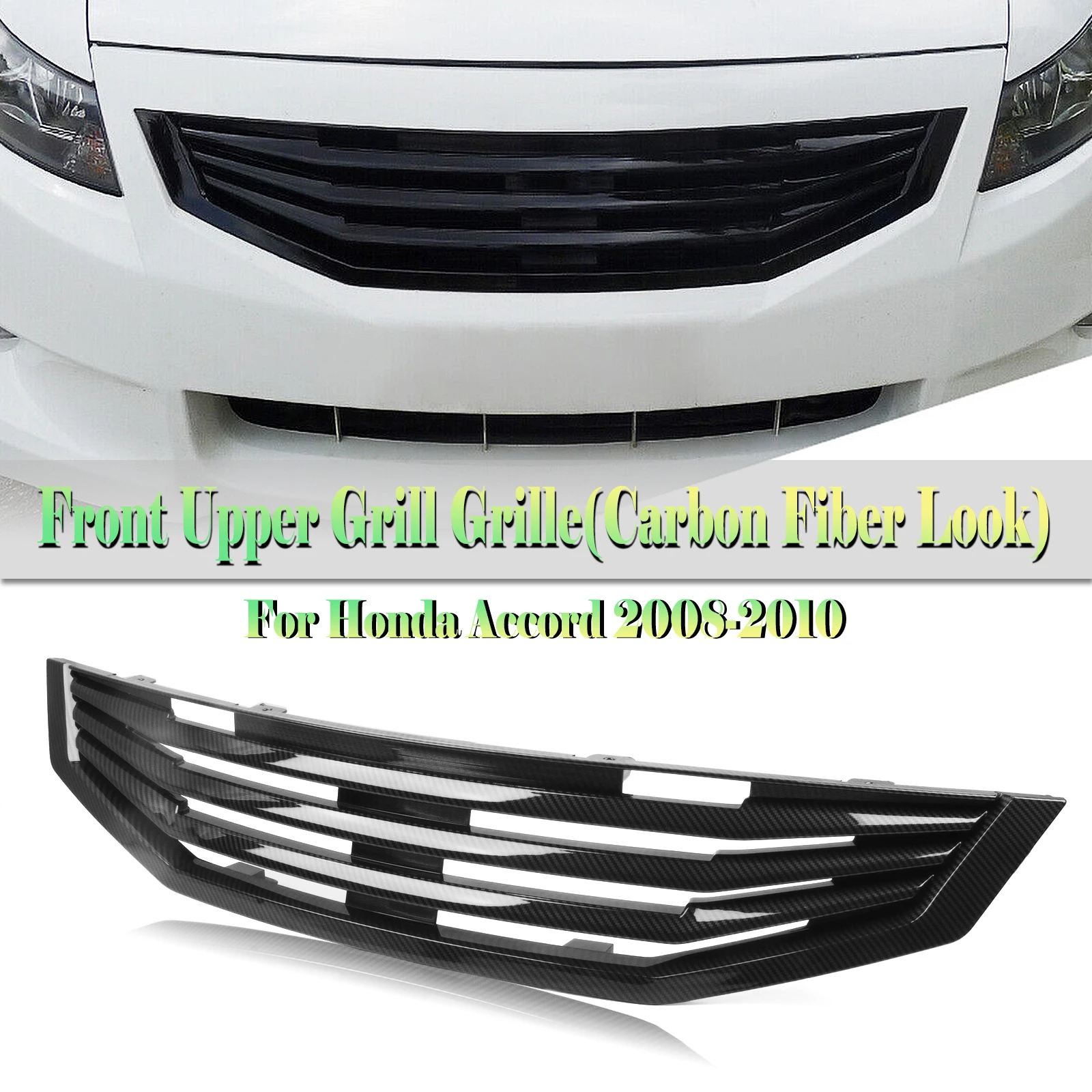 Pop Front Grille Racing Grill For Honda Accord 2 Door Coupe 2008 2009 2010 Gloss Black/Carbon Fiber Look Upper Bumper Hood Mesh