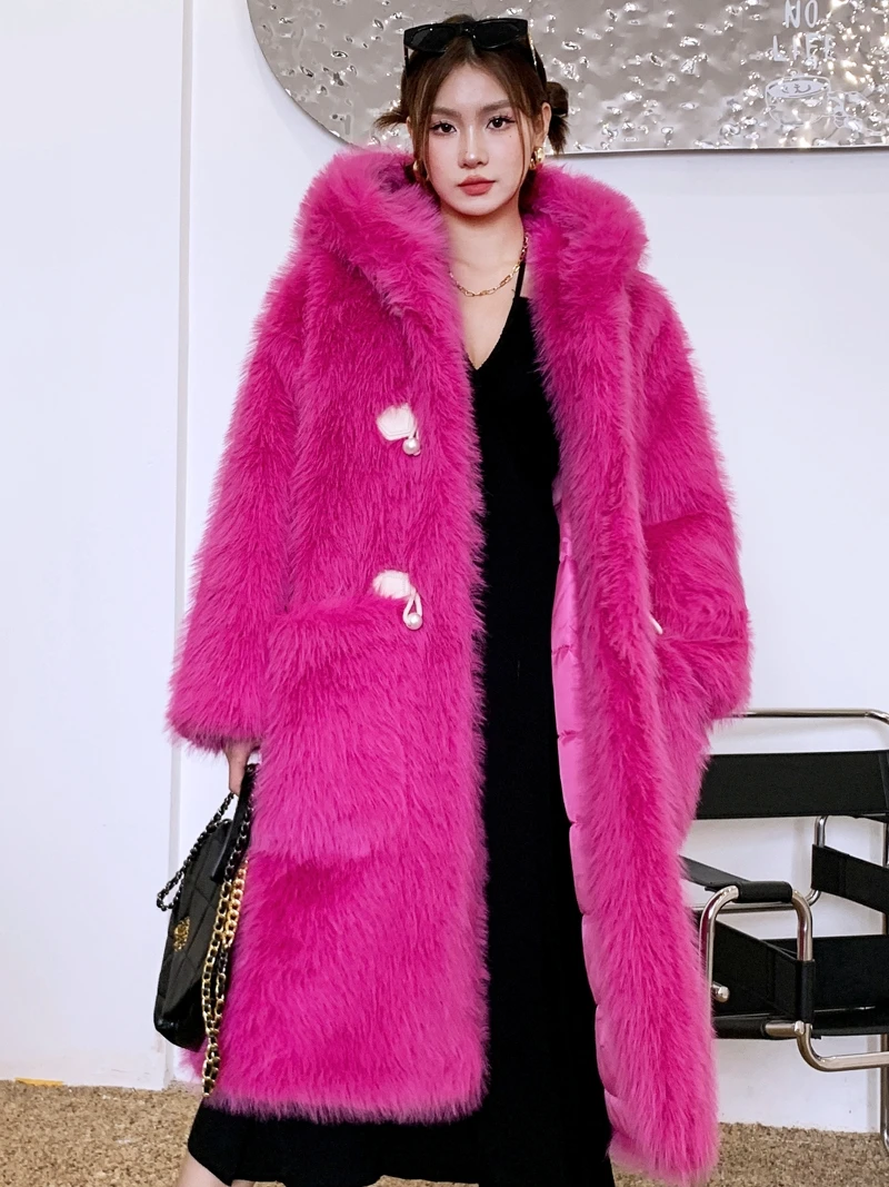 Casaco com capuz de pele sintética feminino, lã artificial, casaco longo, ecológico, rosa vermelha, moda feminina, promoção, inverno