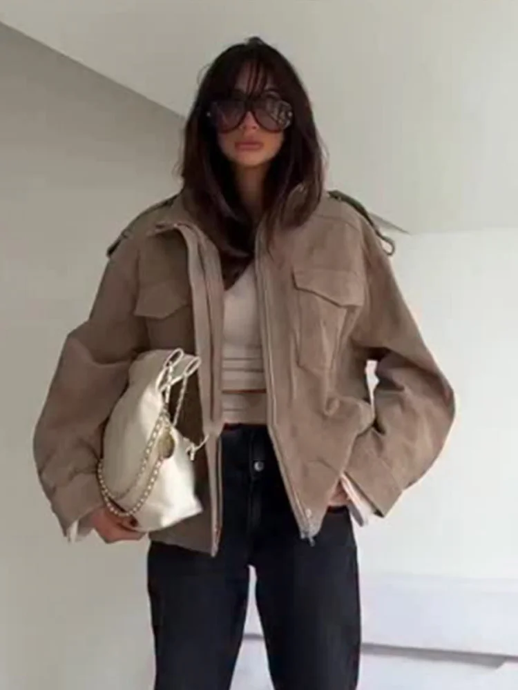 

Women Fashion Short Suede Jacket Chic Stand Collar Zipper Pocket Loose Coats Casual Ladies Autumn New Daily Highstreet Outerwear