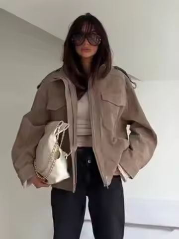 Women Fashion Short Suede Jacket Chic Stand Collar Zipper Pocket Loose Coats Casual Ladies Autumn New Daily Highstreet Outerwear