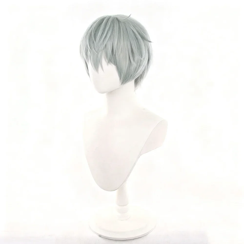 Anime alienígena palco até cosplay peruca das mulheres dos homens ciano cinza cabelo curto resistente ao calor peruca sintética festa de halloween prop