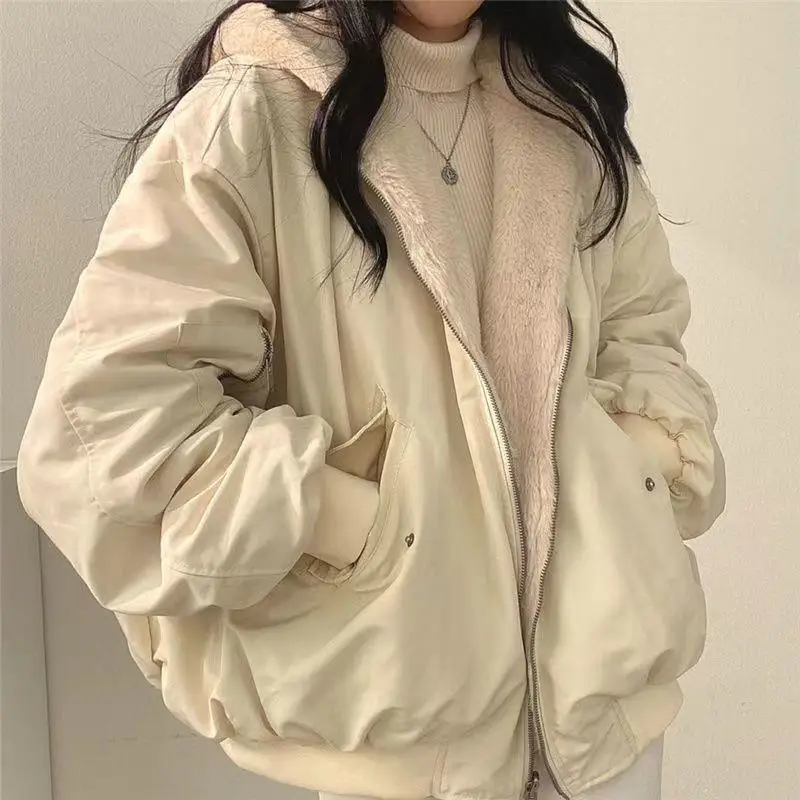 

Lamb Fur Lined Thickened Zipper Hooded Women's Jacket Double Sided Wear Winter Cotton Coat New Style Commute Style Long Sleeve