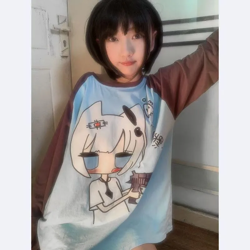 

Japanese Subculture Kawaii Anime Printed T Shirt Autumn New Round Neck Splicing Long-sleeved T Shirt Women's Loose Casual Tops