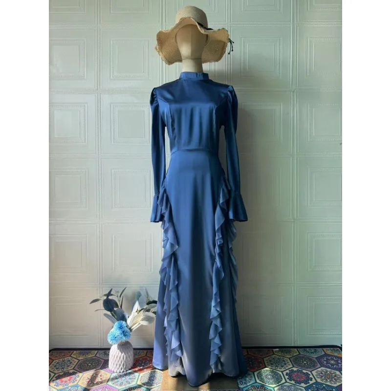 Chiffon Splicing Satin Solid Long Dresses Spring Women Long Sleeve Half High Collar Dress Autumn High Waist Floor Length Dress