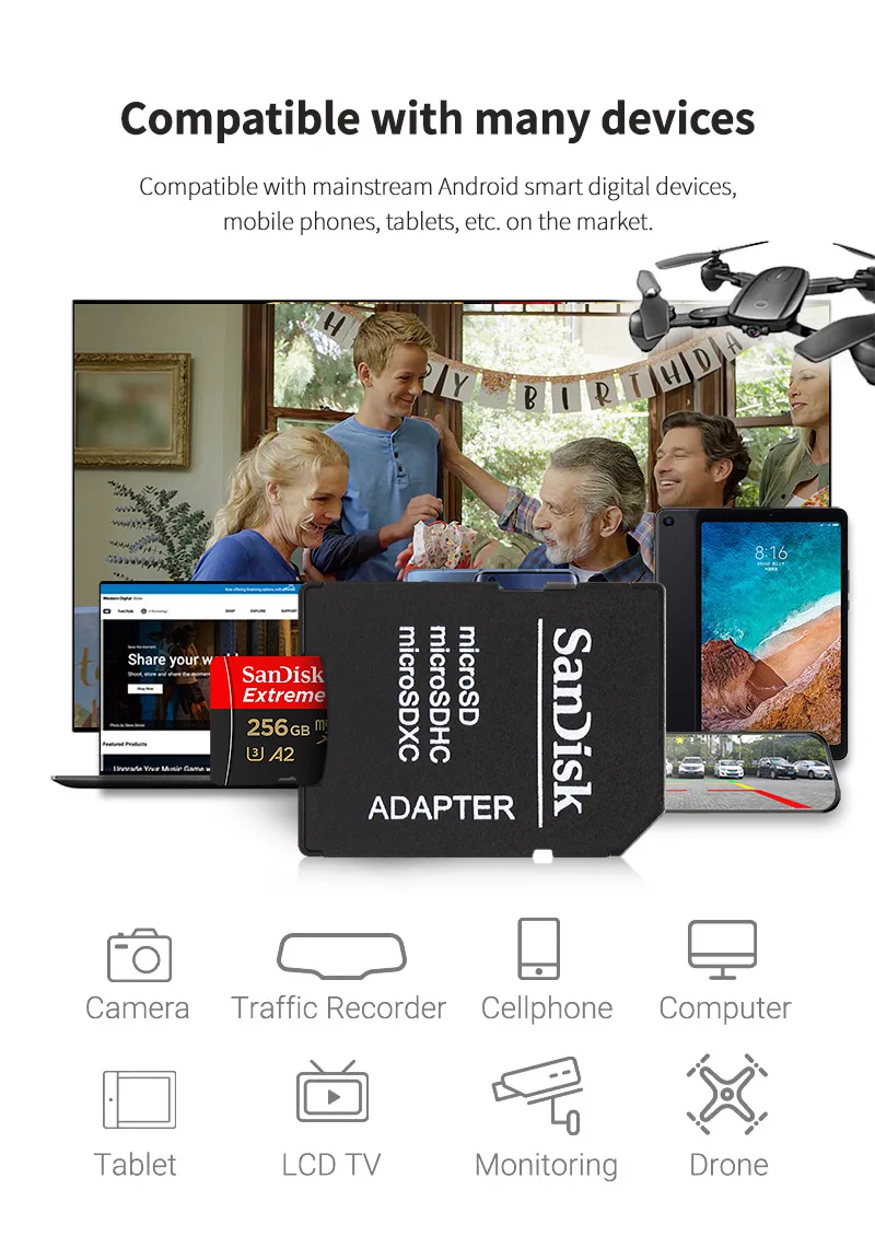 SanDisk microSDXC UHS-I Memory Card with Adapter A2 V30 U3 MicroSD Flash TF Card for Drones Action Cam Smartphone 256G 64GB 128G
