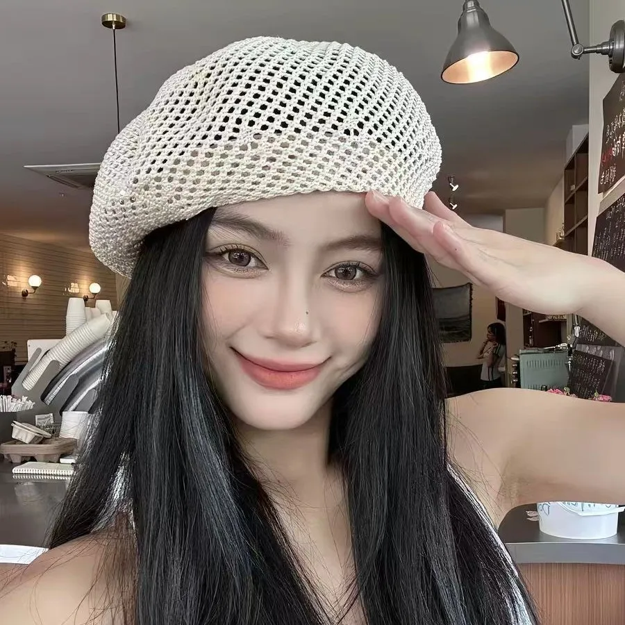 

Woven Hollow Out Straw Beret Hat for Women Breathable Summer Beach Travel Painter Cap Sun Hat