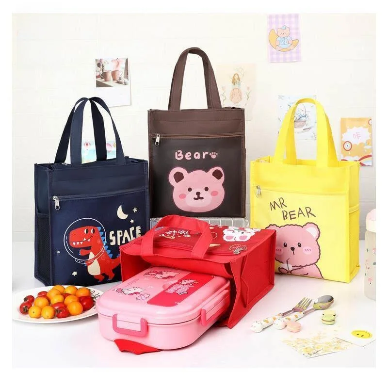 Large Portable Waterproof Canvas Lunch Bag Handheld Children's Cute Cartoon Lunchbox Bag Elementary School Students