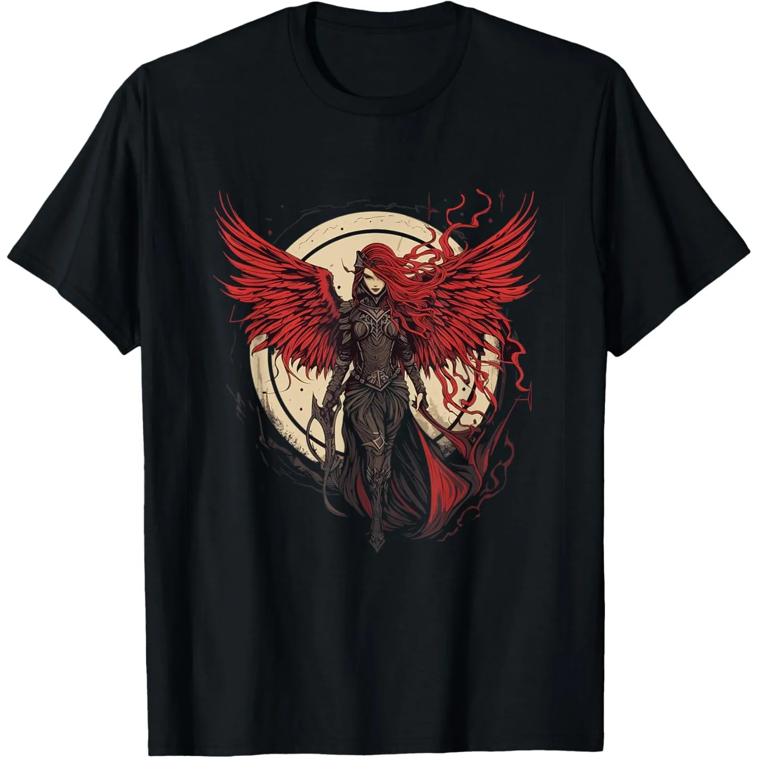 Red Winged Angel Warrior Graphic T-Shirt Dark Fantasy Men's Crewneck Tee