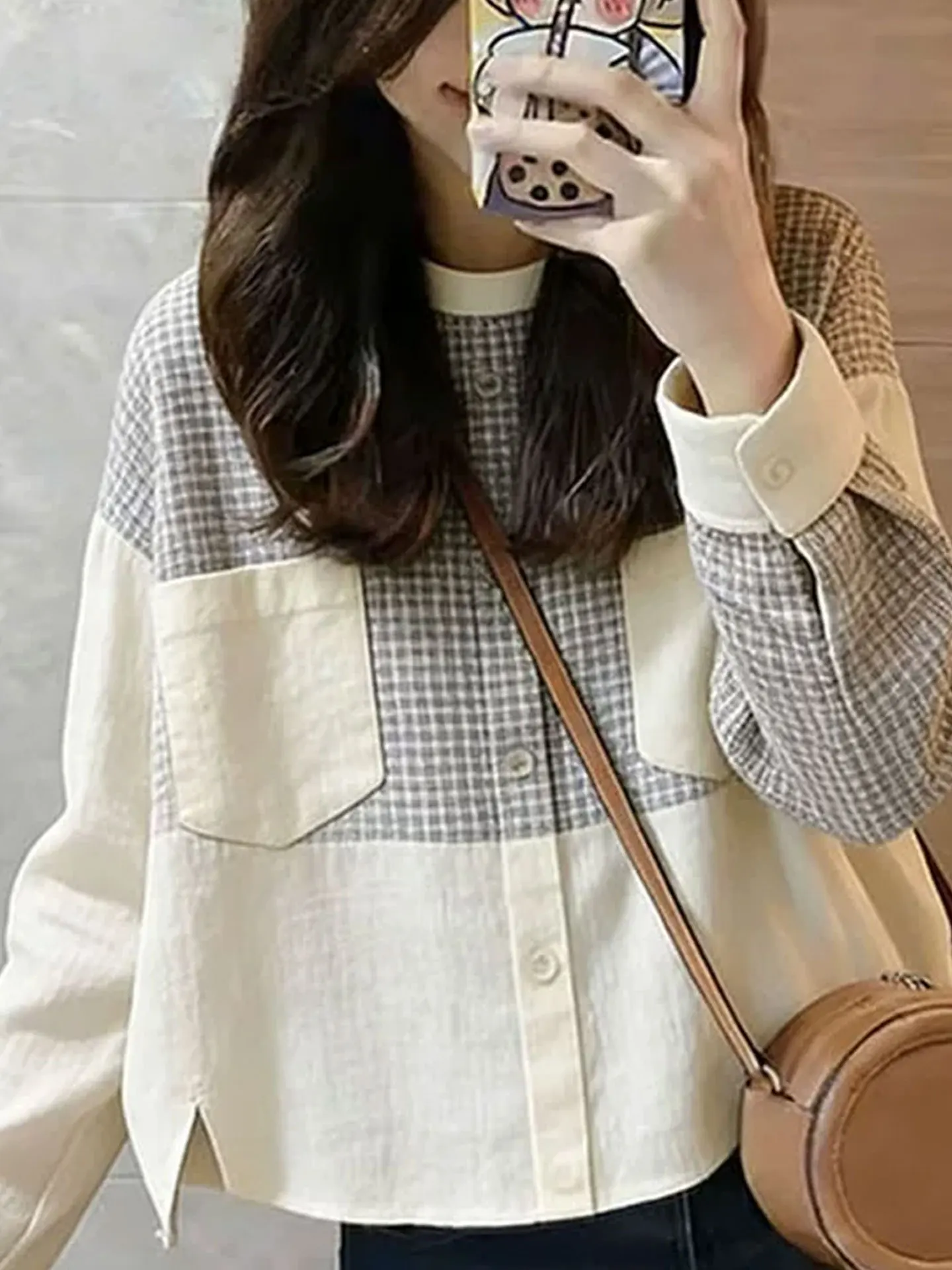 Elegant Plaid Long Sleeve Shirt round Neck Single Button Loose Slimming Top Fashionable Korean Style Straight Cut Silk Women'...
