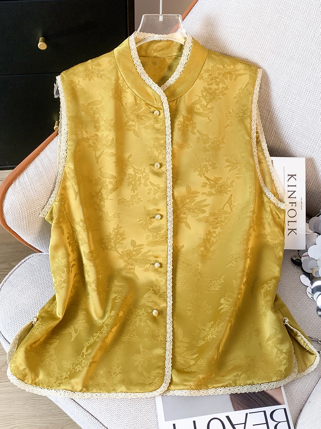 Nuevo Chaleco de cuello levantado Jaet Svel con ribete Floral de trabajo pesado bordado para mujer de otoño Top tradicional chino Sle