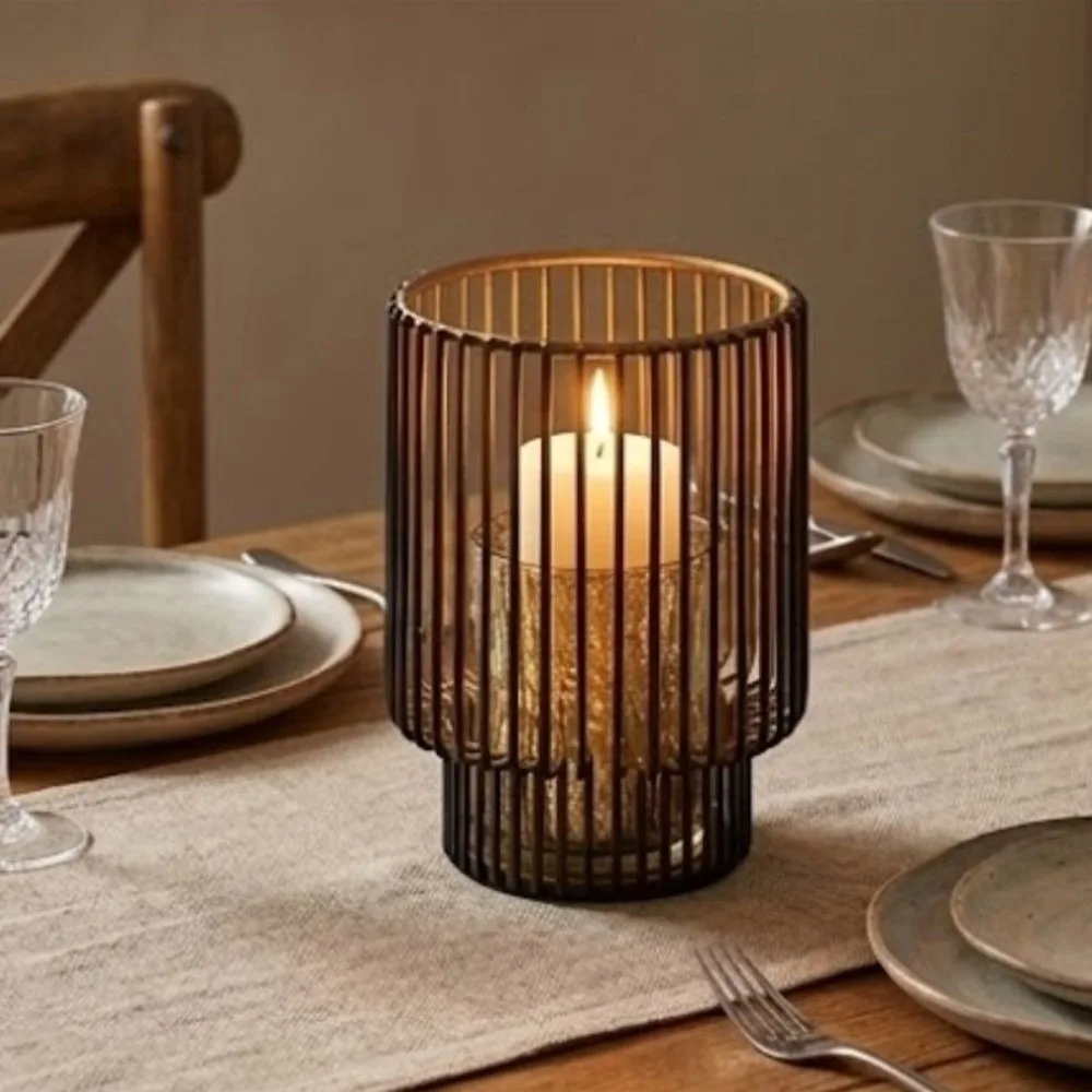 Black Metal Wire Candlestick Holder 3.38x4.72in LED Candle Compatible Iron Candle Holder Pillar Candle Fit Glass Cup Candlestick