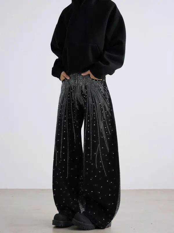 

TANGZ Studio American Retro Washed Star Rhinestone Jeans Loose Wide Leg Design Trendy Low Waist Denim Pants for Youth