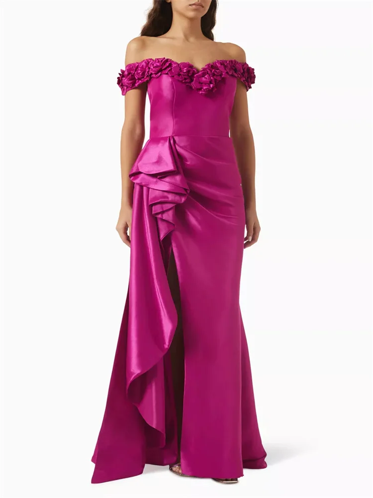 

Hot Selling Ruffled Neckline Off Shoulder Sleeves Straight Evening Dress Sexy Back Zipper Floor Length High Slit Gown For Women