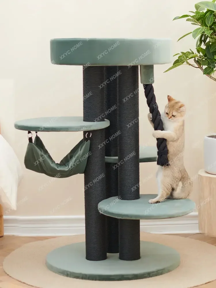 Large Luxury Cat Climbing Frame Villa Solid Wood Grab Column Hammock Pet Toy
