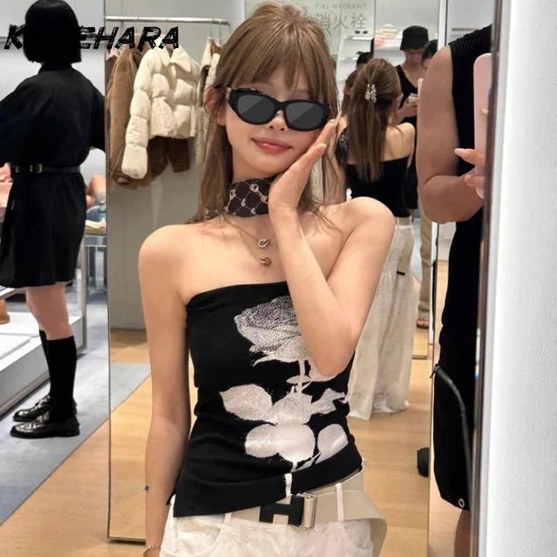 

KAMEHARA Y2k Summer Basic Slim Floral Tube Tee Casual Slash Neck Sleeveless Tank Top Women Fashion 90s Camis Streetwear 민소매 티 여성