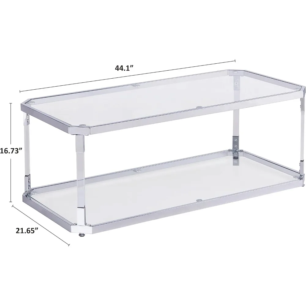 Glass Top Coffee Table, 44.1 “W, with 2 Tiers of Storage, Acrylic Legs, Chrome Frame, for Living Room, Center Table