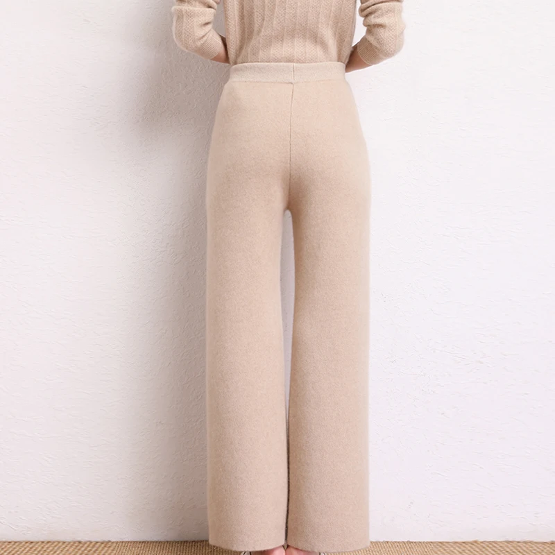 2024 Winter 100% Cashmere Pants Women Wide Leg Pants Knitting Pants  Autumn Soft Warm Trousers For Female